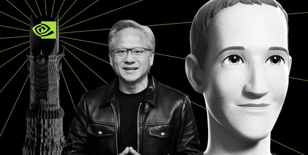 The Nvidia logo as the eye of Sauron alongside Nvidia CEO Jensen and Meta CEO Mark Zuckerberg