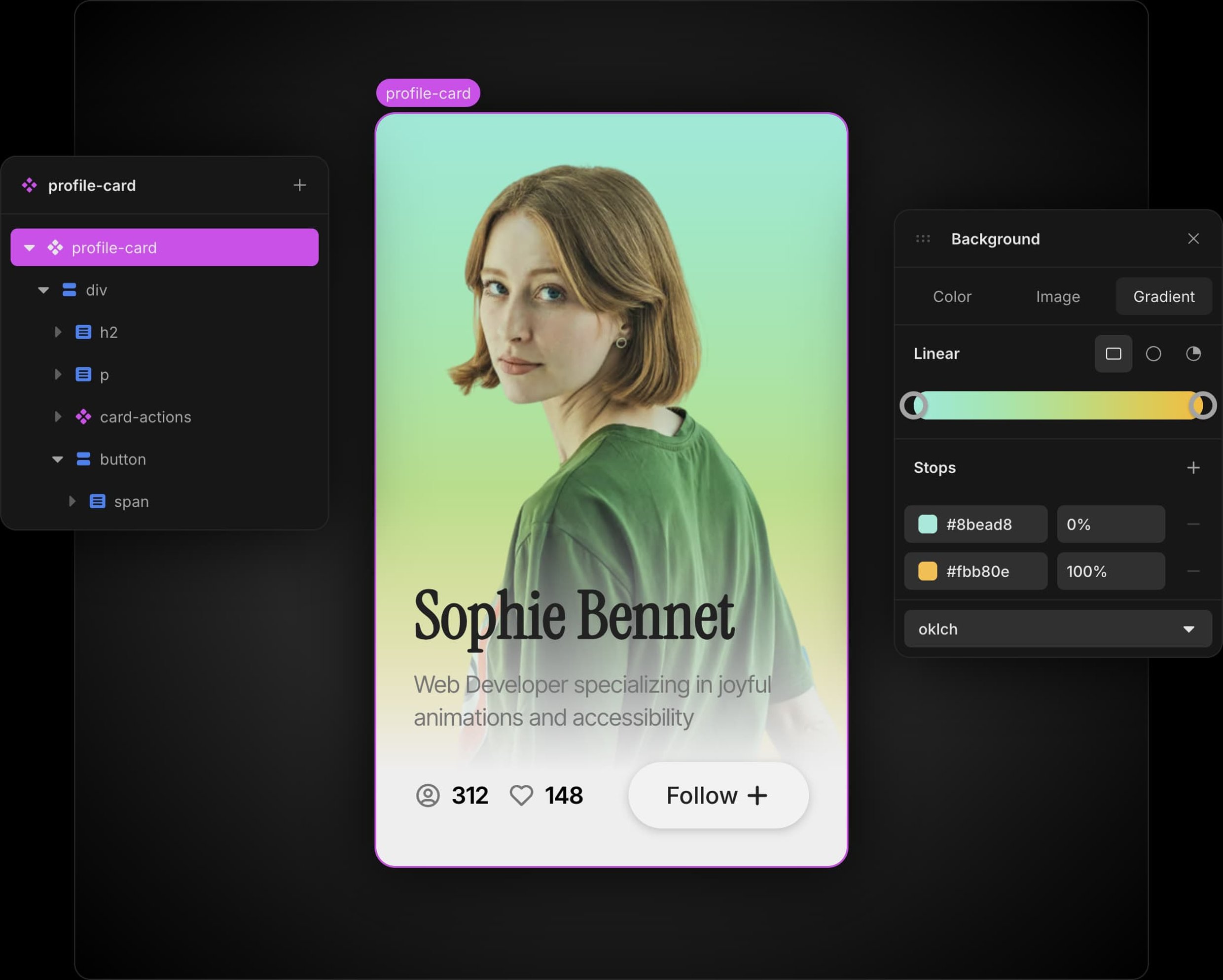 Cutout of the Nordcraft editor's element panel and background editor